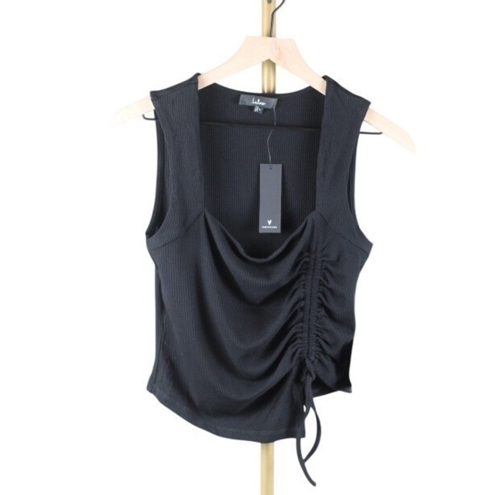 Lulus Black Ribbed Square Neck Side Ruched Drawstring Tank Top Large NEW‎